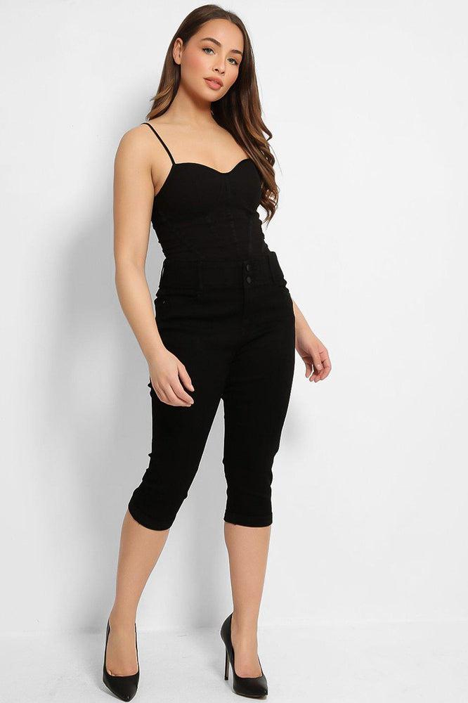 Black Buttons Front High-Rise Denim Midi Shorts-SinglePrice