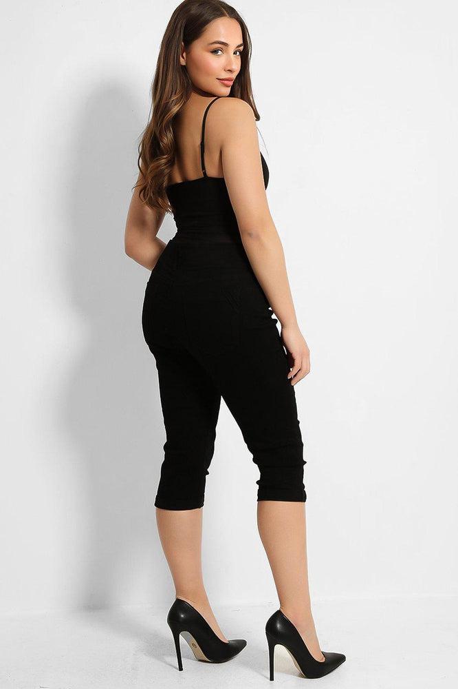 Black Buttons Front High-Rise Denim Midi Shorts-SinglePrice