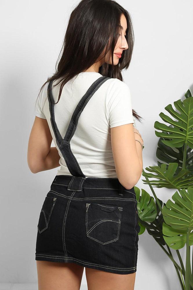 Navy Contrast Stitch Denim Dungaree Skirt-SinglePrice