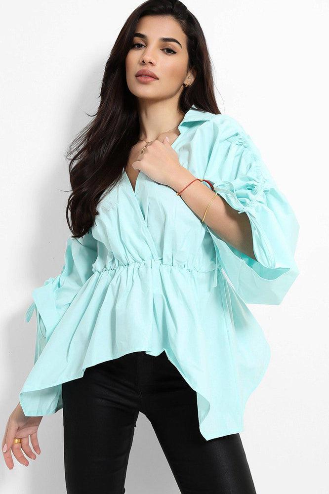 Exaggerated Drawstring Sleeves Peplum Blouse-SinglePrice