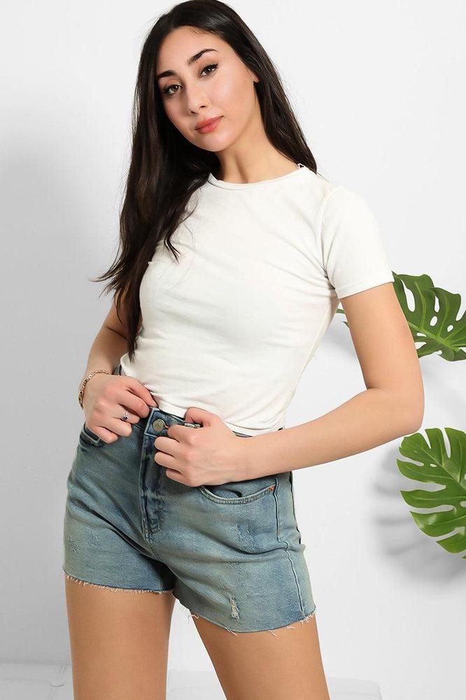 Denim Blue Distressed Raw Hem Shorts-SinglePrice