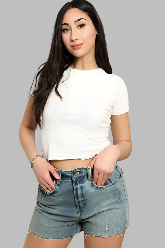 Denim Blue Distressed Raw Hem Shorts-SinglePrice