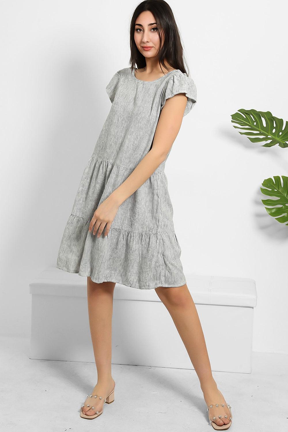 Navy White Pinstripe Tiered Summer Dress-SinglePrice
