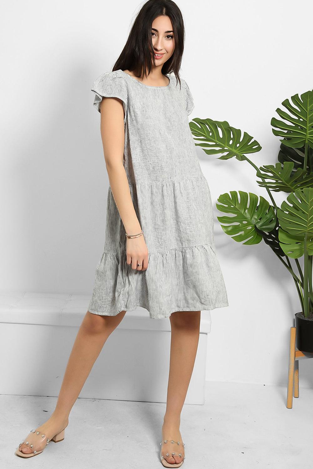Navy White Pinstripe Tiered Summer Dress-SinglePrice