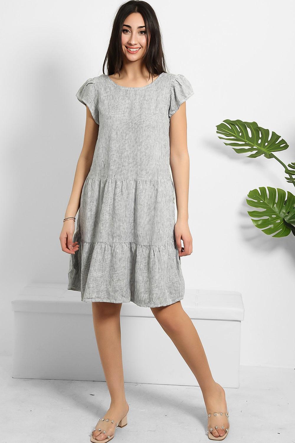 Navy White Pinstripe Tiered Summer Dress-SinglePrice