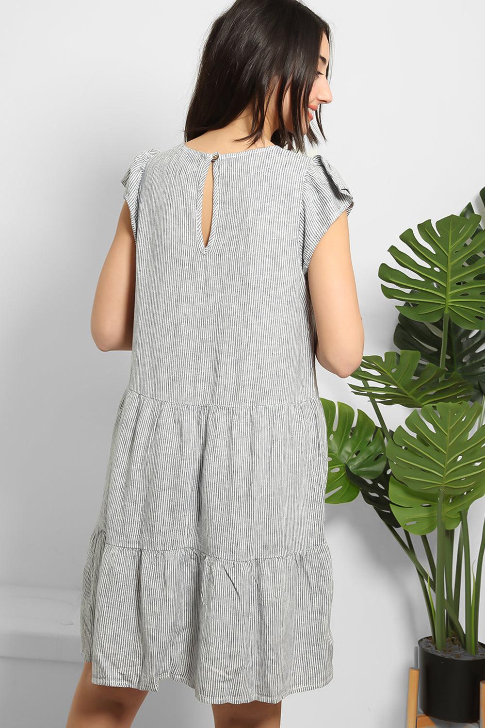 Navy White Pinstripe Tiered Summer Dress-SinglePrice