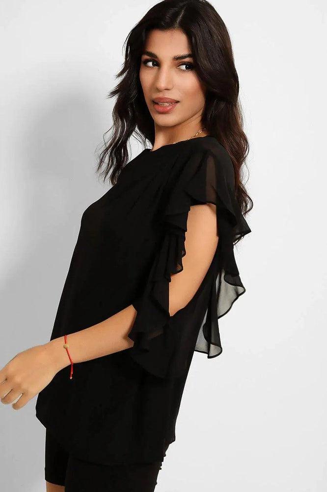 Black Sheer Chiffon Asymmetric Sleeves Blouse-SinglePrice