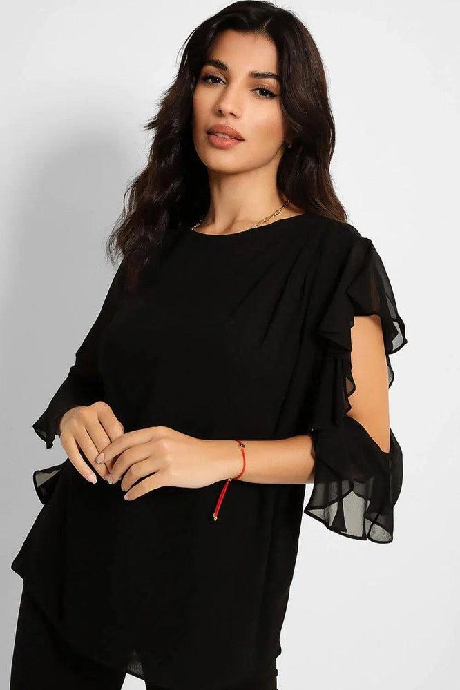 Black Sheer Chiffon Asymmetric Sleeves Blouse-SinglePrice