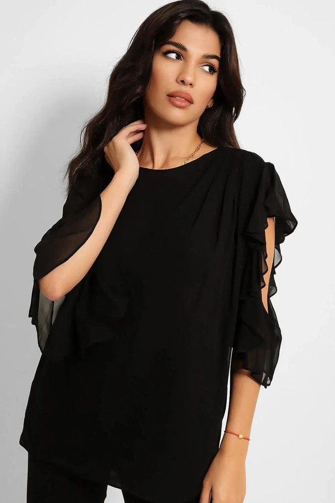 Black Sheer Chiffon Asymmetric Sleeves Blouse-SinglePrice