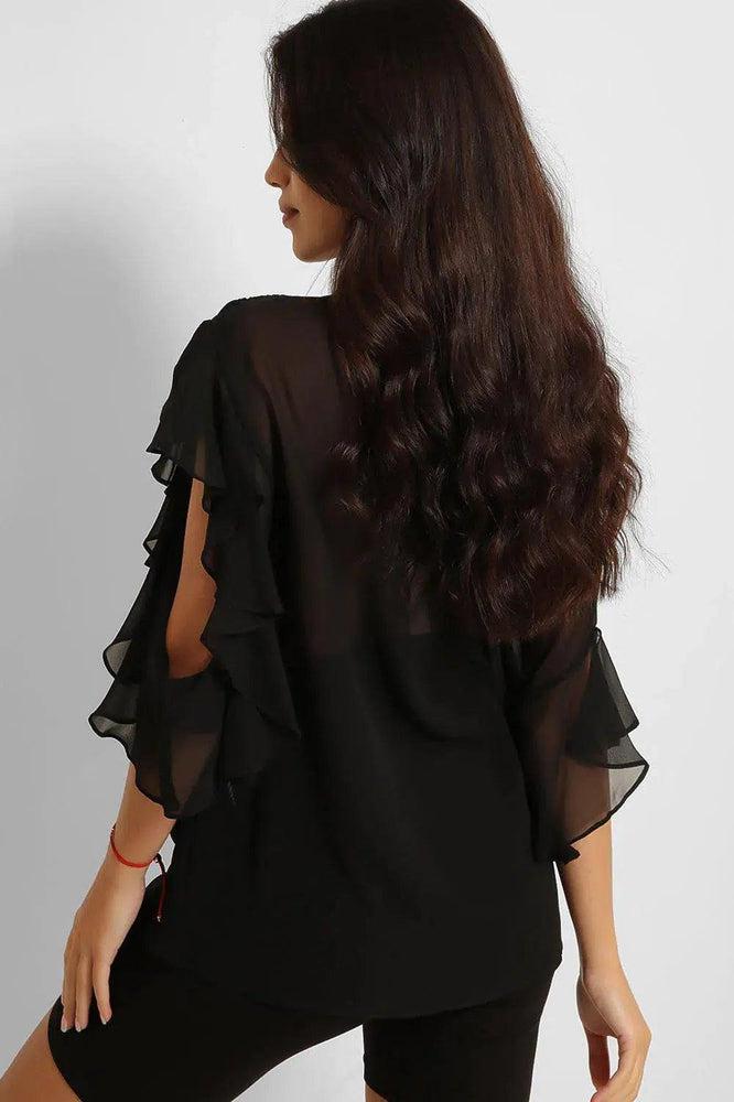 Black Sheer Chiffon Asymmetric Sleeves Blouse-SinglePrice