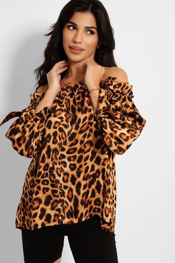 Brown Leopard Print Elastic Off Shoulder Top-SinglePrice