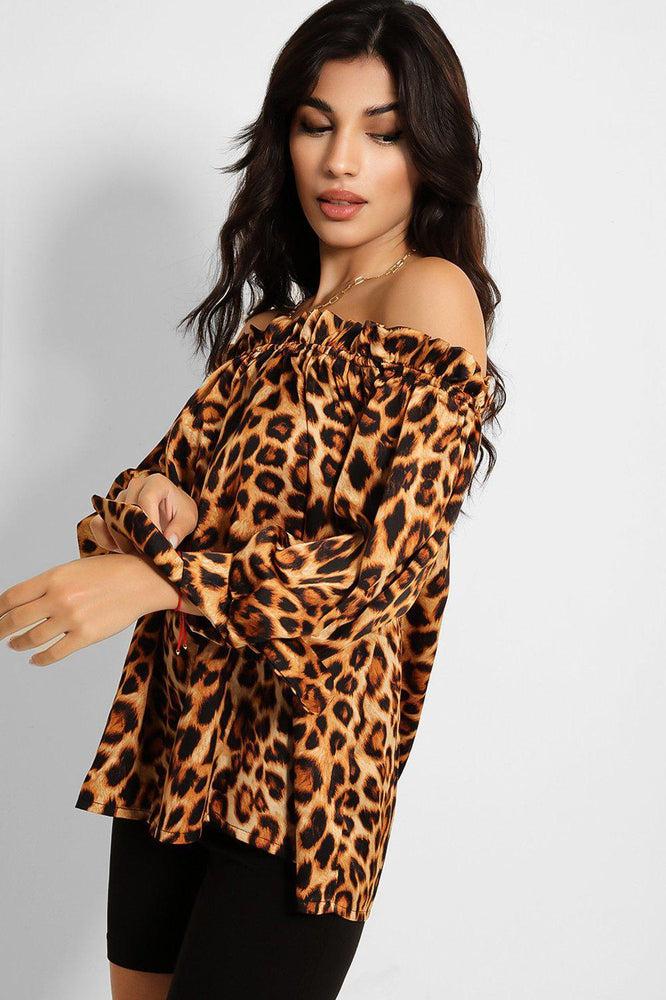 Brown Leopard Print Elastic Off Shoulder Top-SinglePrice