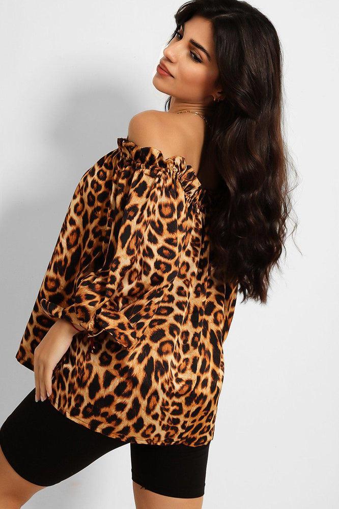 Brown Leopard Print Elastic Off Shoulder Top-SinglePrice