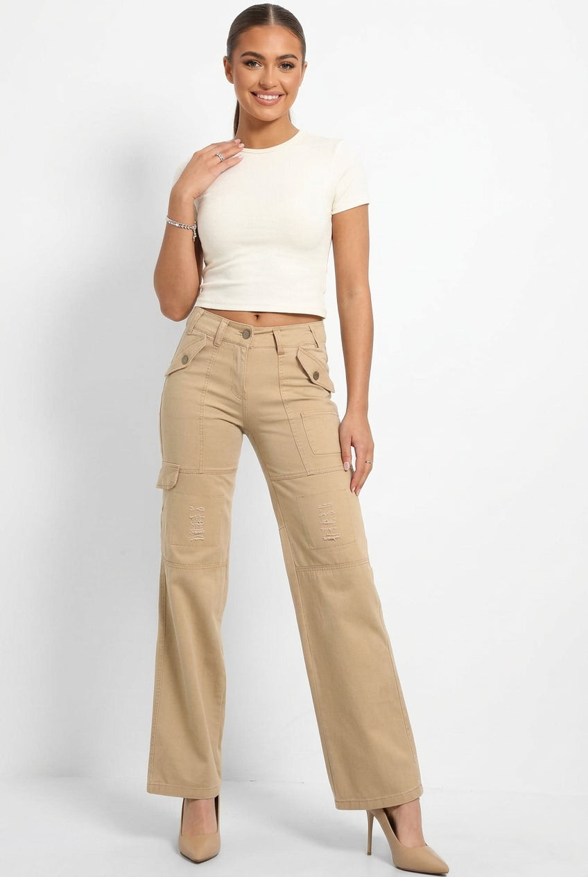 Distressed Pockets Heavy Duty Cargo Trousers-SinglePrice