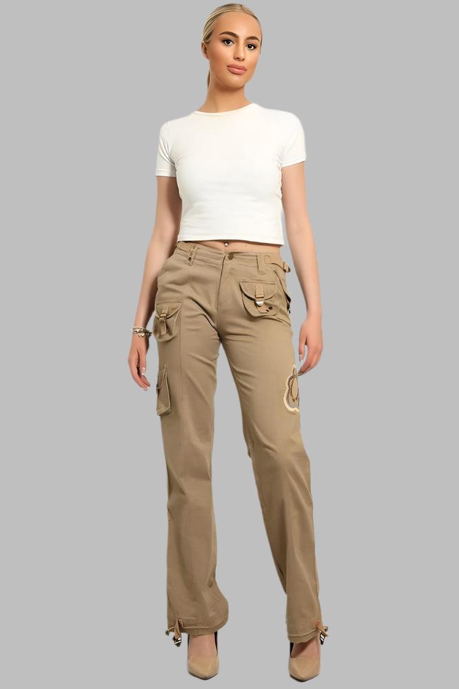 Floral Embroidery To Side Cargo Trousers-SinglePrice