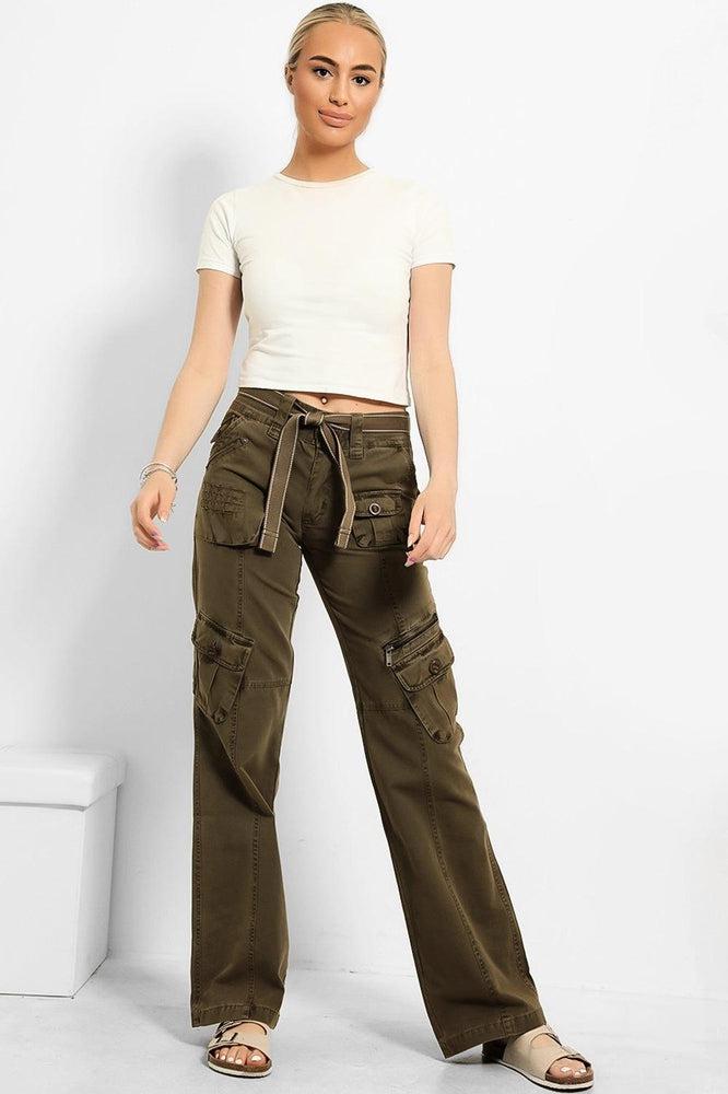 Belted Waistband Utility Pockets Cargo Trousers-SinglePrice
