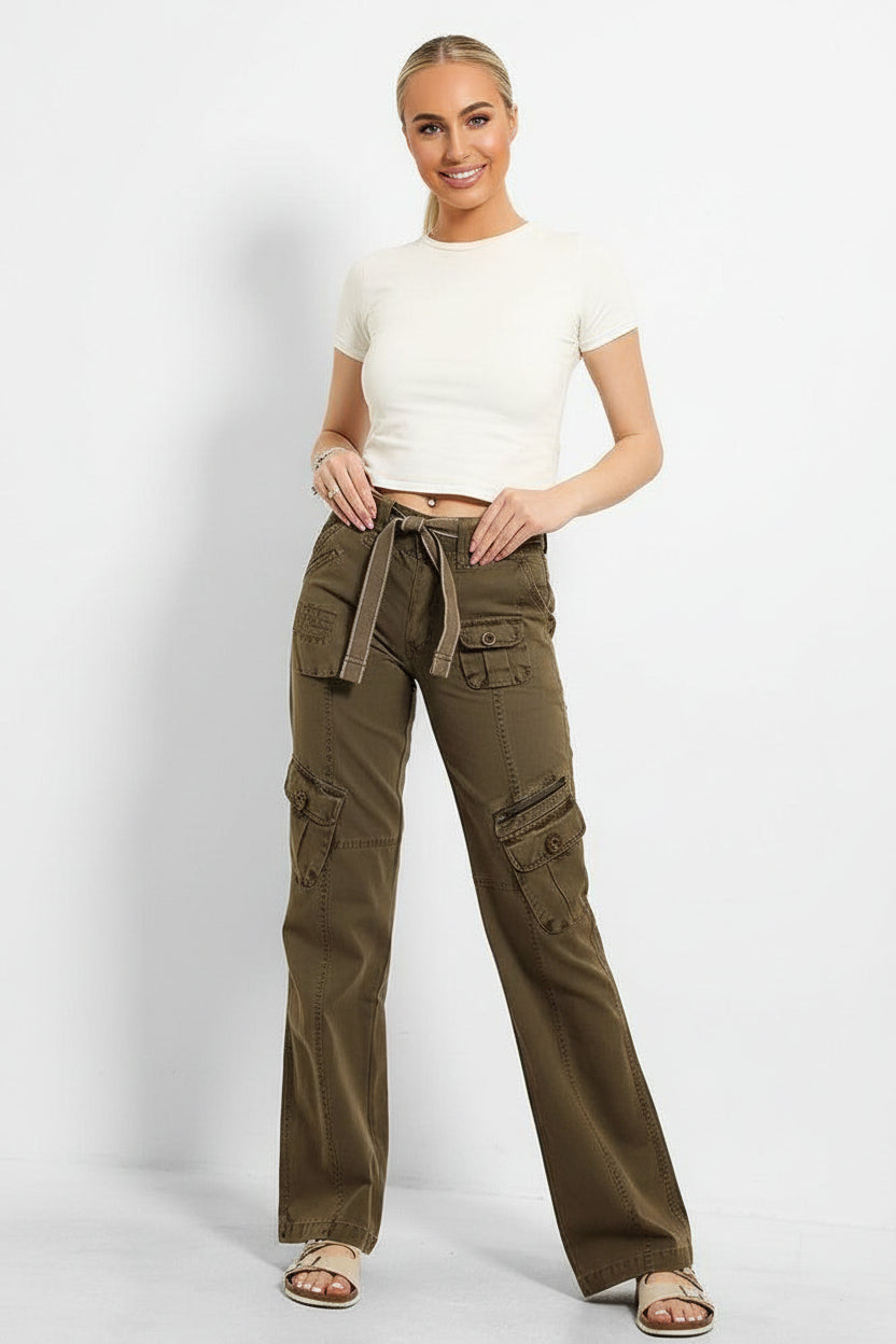 Belted Waistband Utility Pockets Cargo Trousers-SinglePrice