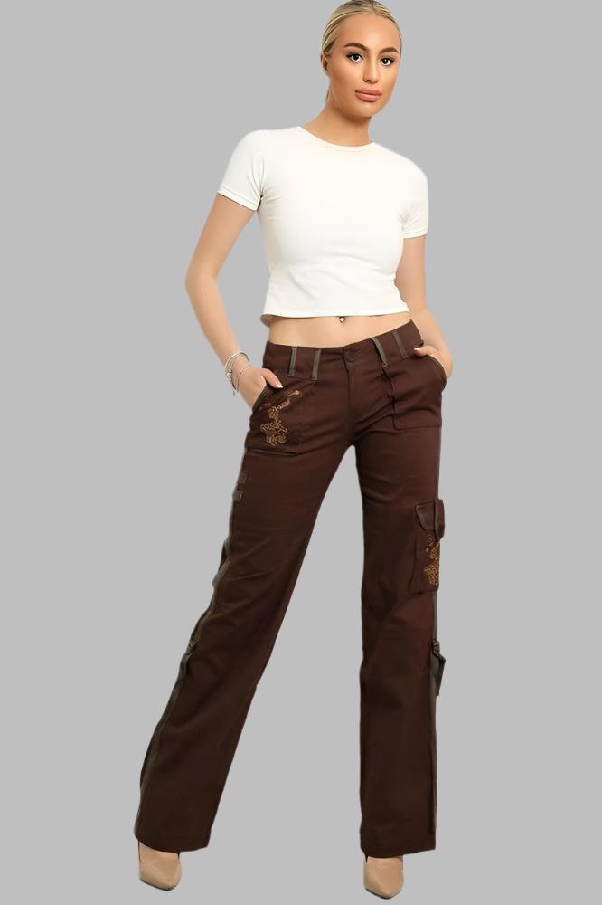 Embroidered Sequinned Detail Cargo Trousers-SinglePrice