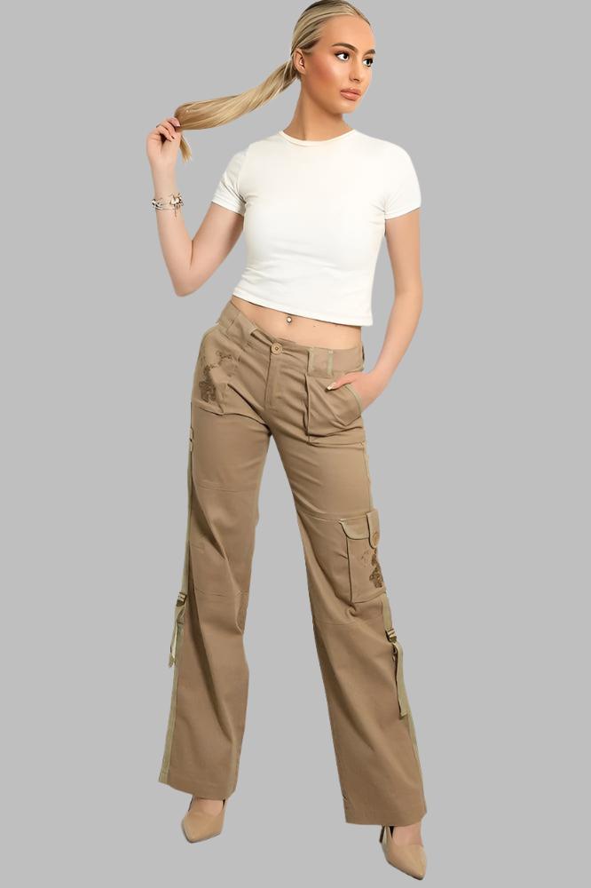 Embroidered Sequinned Detail Cargo Trousers-SinglePrice