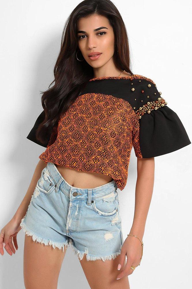 Rust Black Beaded Details Tweed Top-SinglePrice