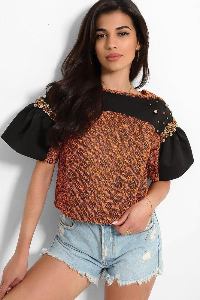 Rust Black Beaded Details Tweed Top-SinglePrice