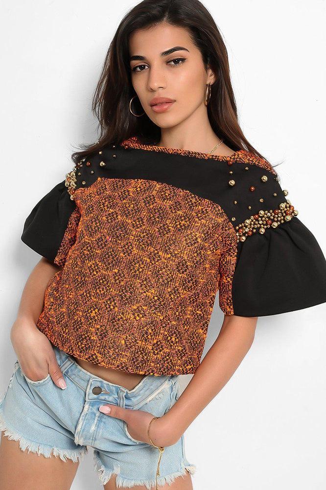 Rust Black Beaded Details Tweed Top-SinglePrice