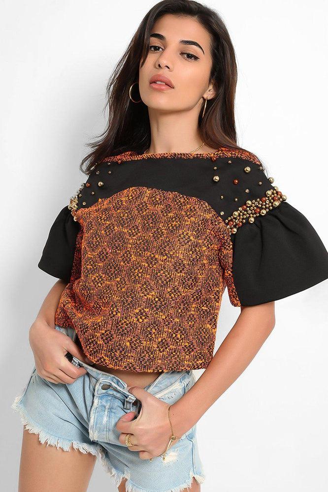 Rust Black Beaded Details Tweed Top-SinglePrice