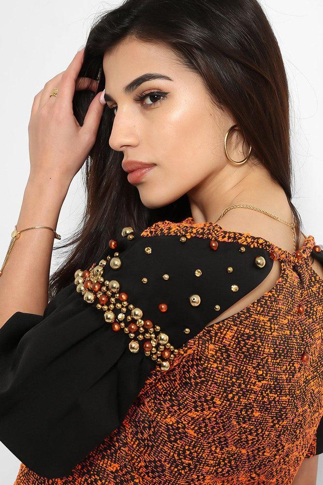 Rust Black Beaded Details Tweed Top-SinglePrice