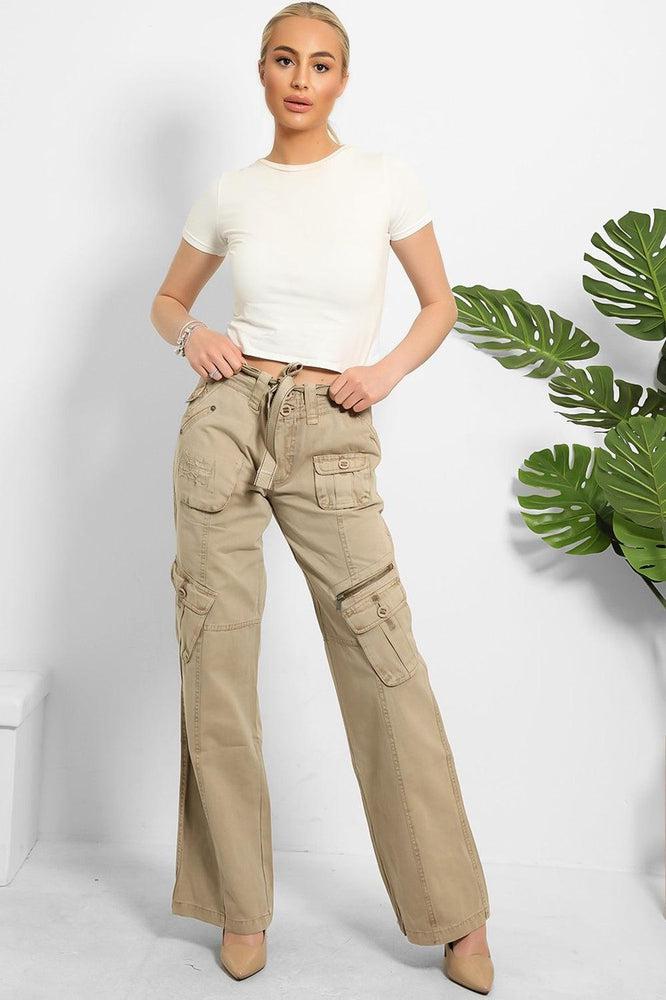 Belted Waistband Utility Pockets Cargo Trousers-SinglePrice