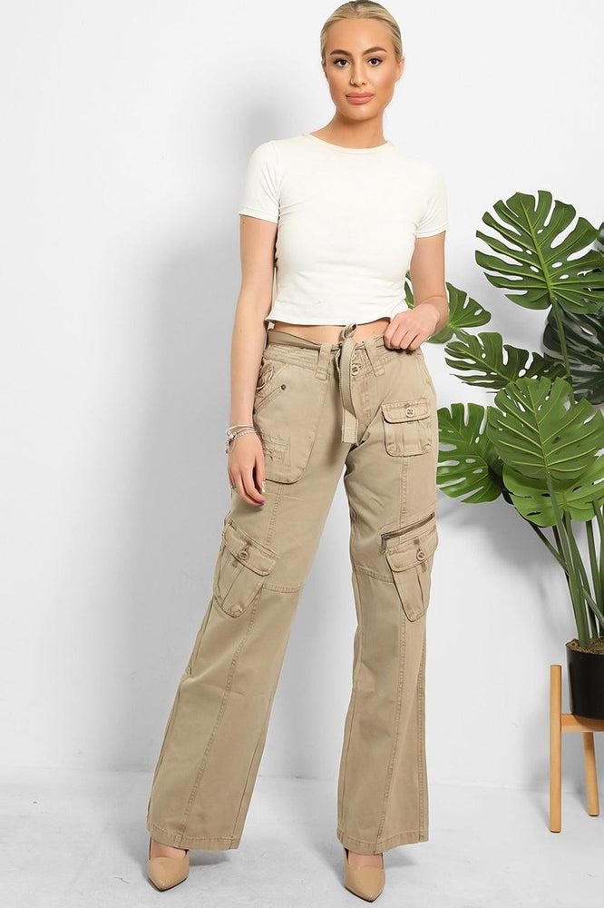 Belted Waistband Utility Pockets Cargo Trousers-SinglePrice