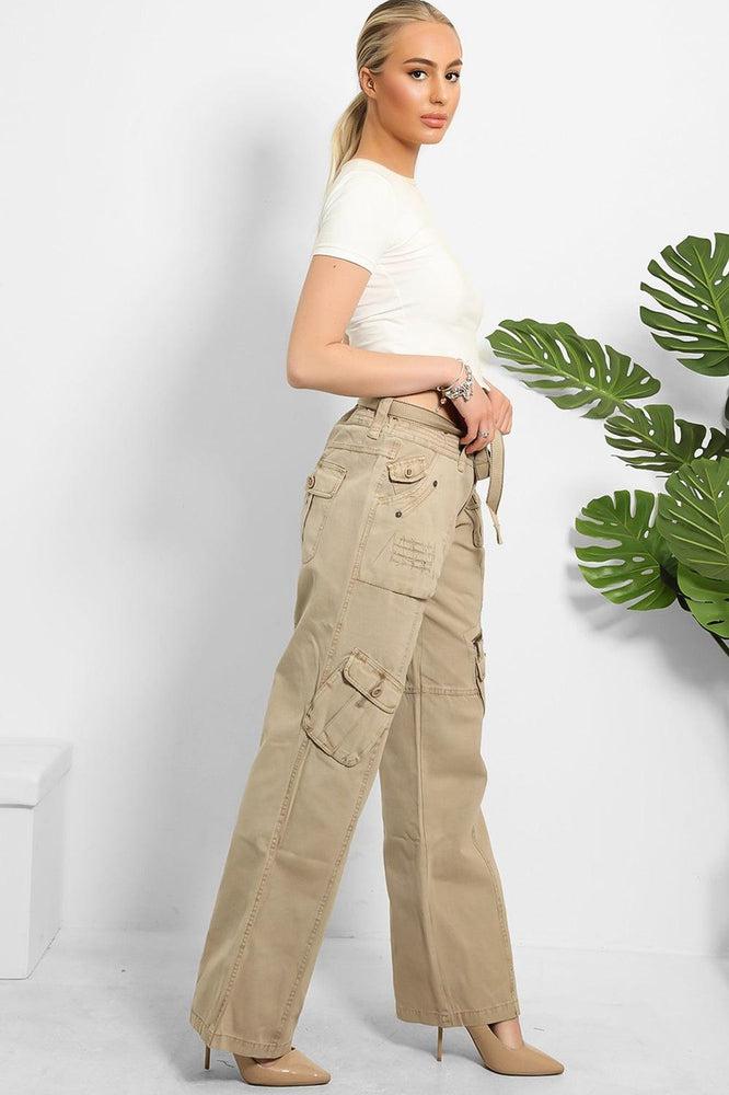 Belted Waistband Utility Pockets Cargo Trousers-SinglePrice