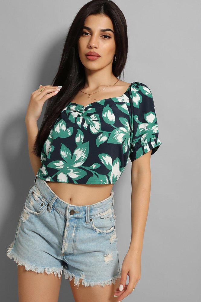 Navy Green Leaves Print Crop Top-SinglePrice