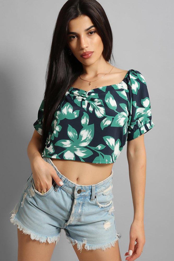 Navy Green Leaves Print Crop Top-SinglePrice