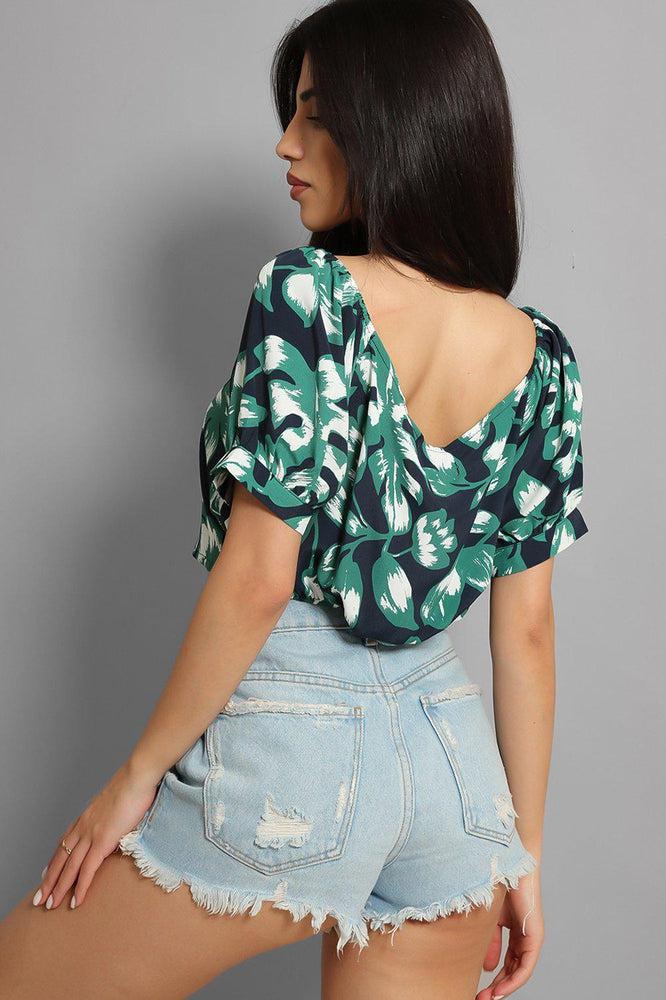 Navy Green Leaves Print Crop Top-SinglePrice