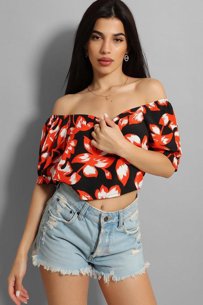 Black Red Leaves Print Crop Top-SinglePrice