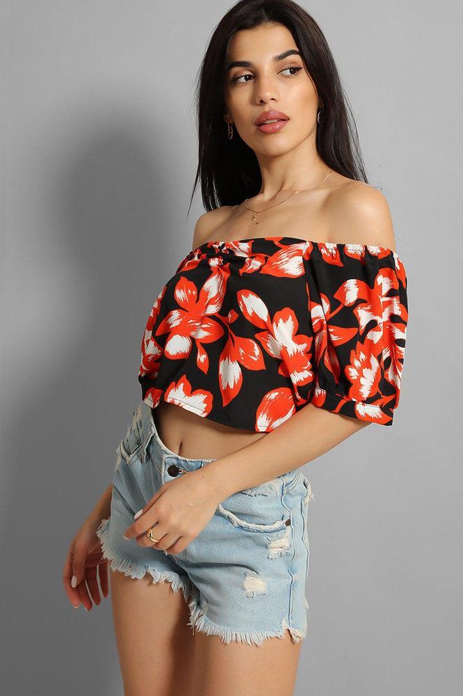 Black Red Leaves Print Crop Top-SinglePrice