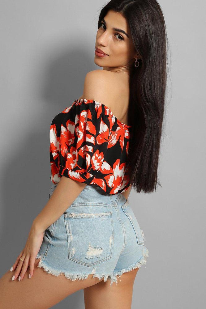 Black Red Leaves Print Crop Top-SinglePrice