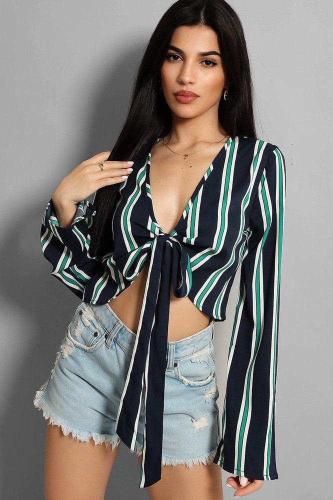 Navy Green Stripe Front Tie-Up Flute Sleeves Top-SinglePrice