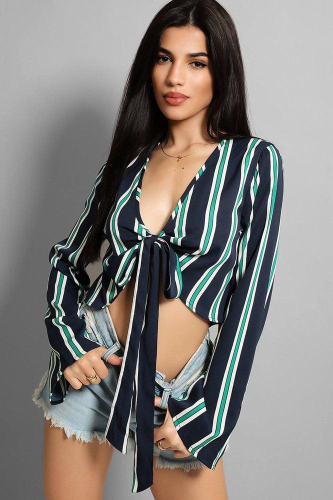 Navy Green Stripe Front Tie-Up Flute Sleeves Top-SinglePrice