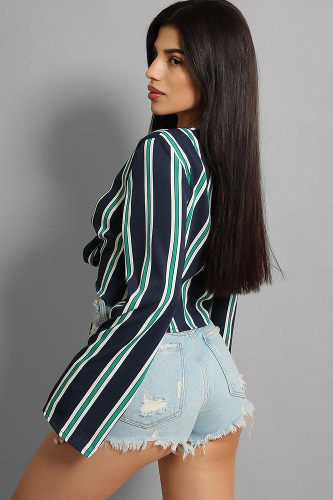 Navy Green Stripe Front Tie-Up Flute Sleeves Top-SinglePrice