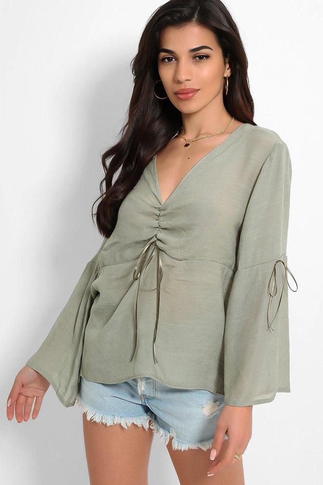 Bleached Khaki Drawstring Details Bell Sleeves Top-SinglePrice