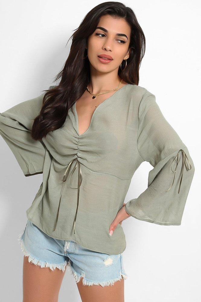 Bleached Khaki Drawstring Details Bell Sleeves Top-SinglePrice