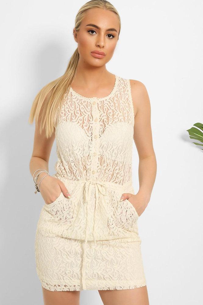 Cream Lace Drawstring Waist Dress-SinglePrice