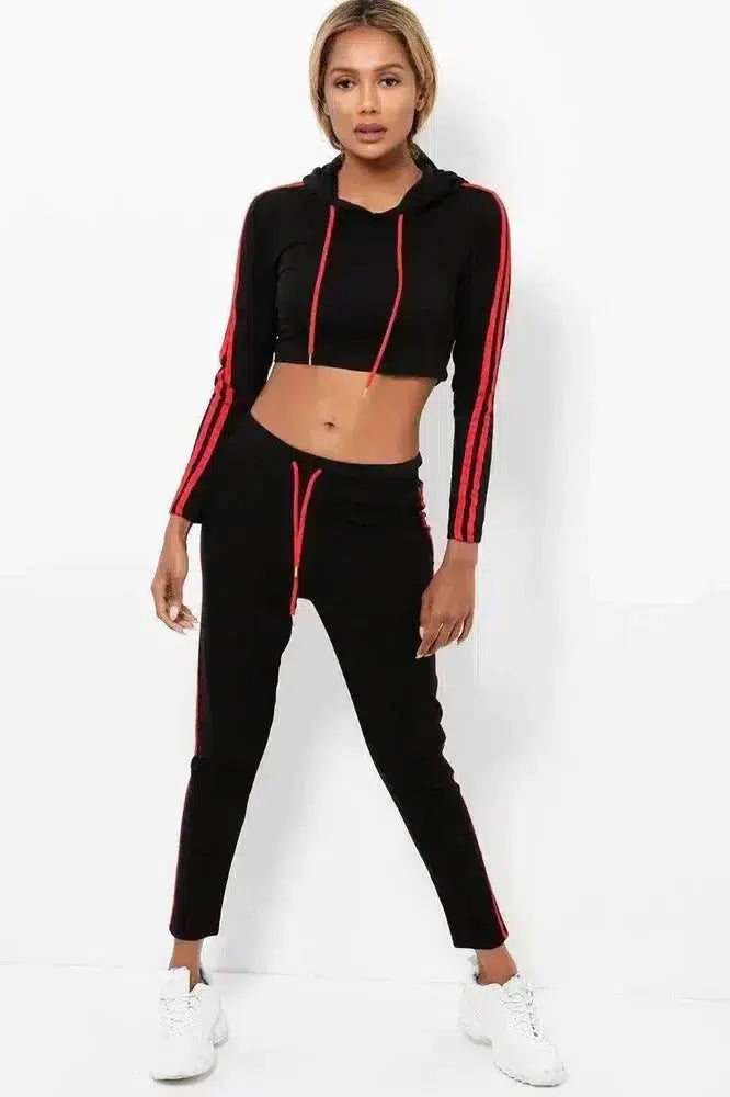 Double Red Stripe Cropped Hoodie Black 2 Piece Tracksuit-SinglePrice