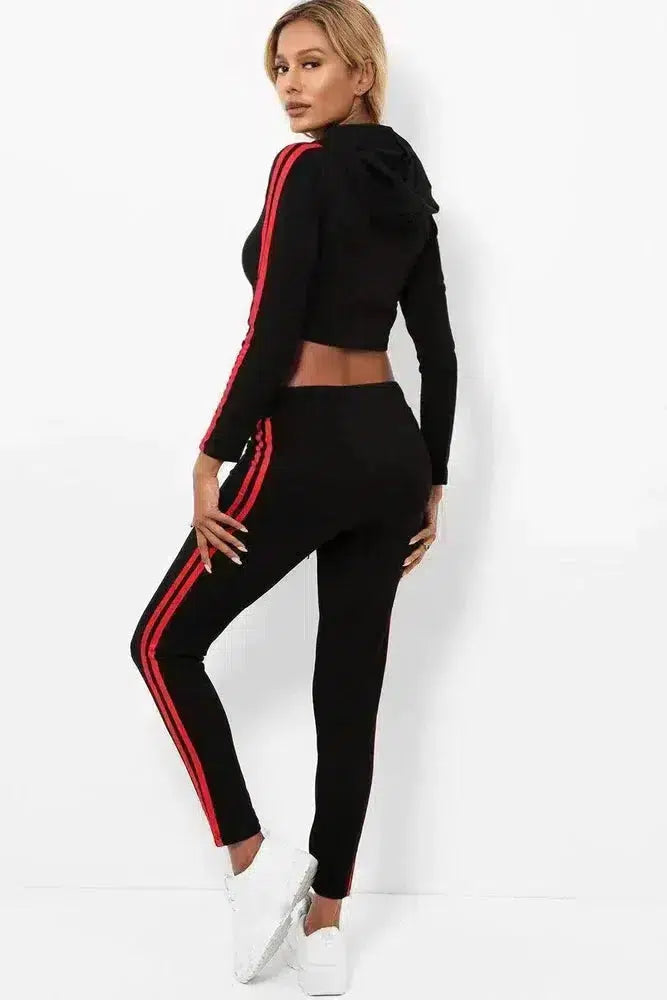 Double Red Stripe Cropped Hoodie Black 2 Piece Tracksuit-SinglePrice