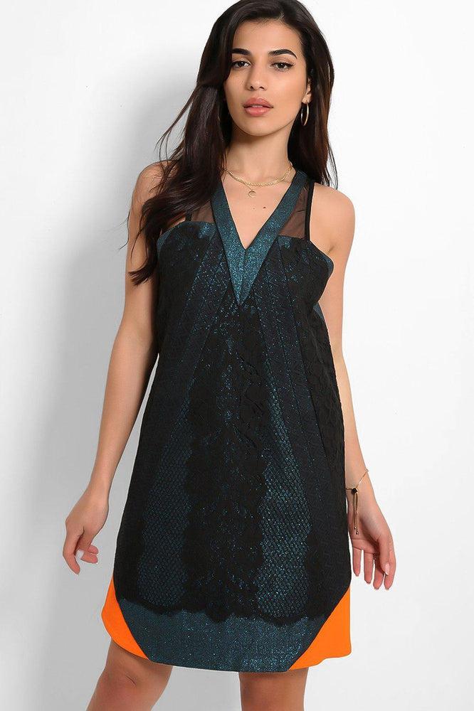 Blue Glitter Jacquard Orange Details V-Neck Shift Dress-SinglePrice