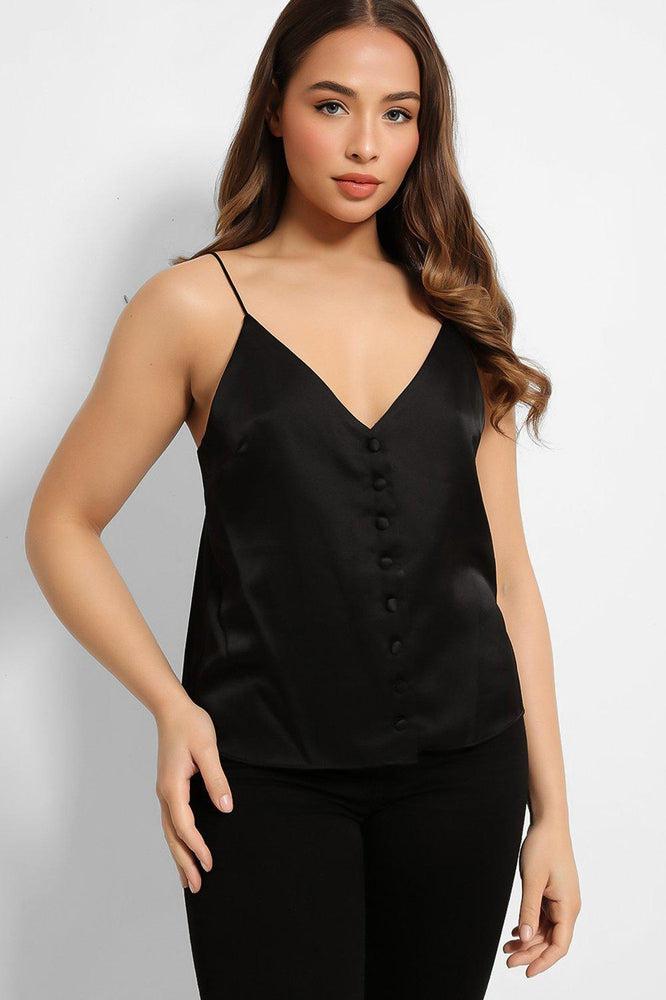 Black Button Details V-Neck Satin Cami Top-SinglePrice