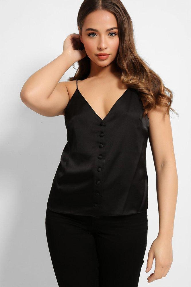 Black Button Details V-Neck Satin Cami Top-SinglePrice