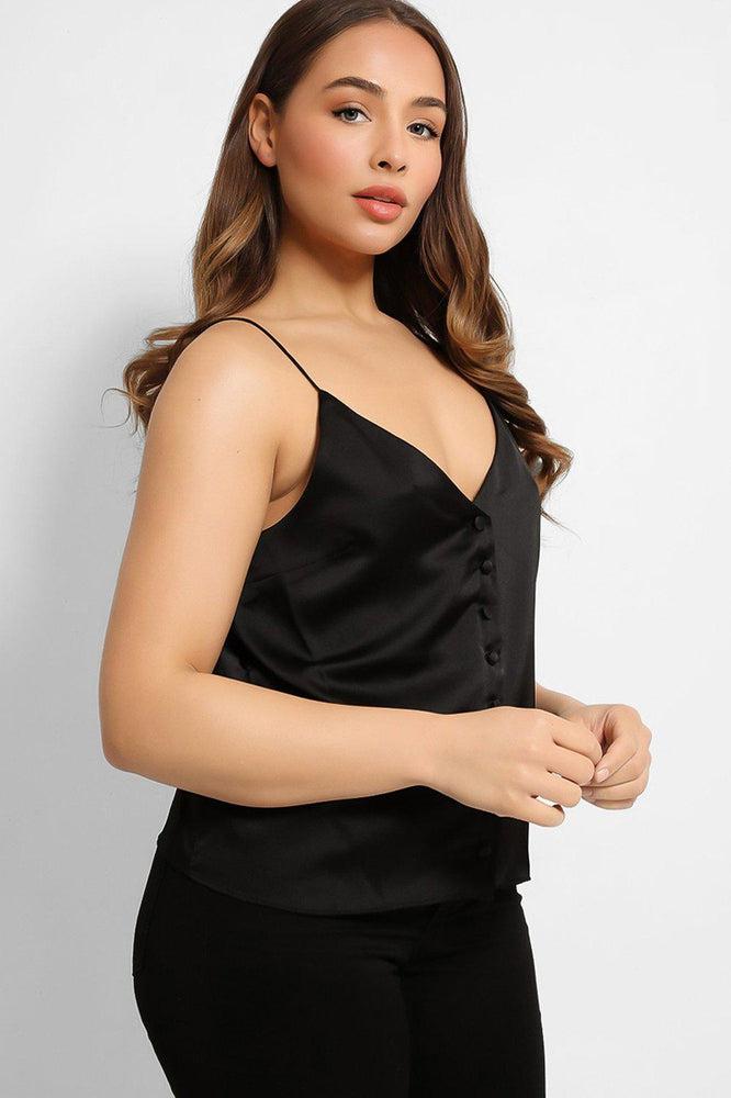 Black Button Details V-Neck Satin Cami Top-SinglePrice