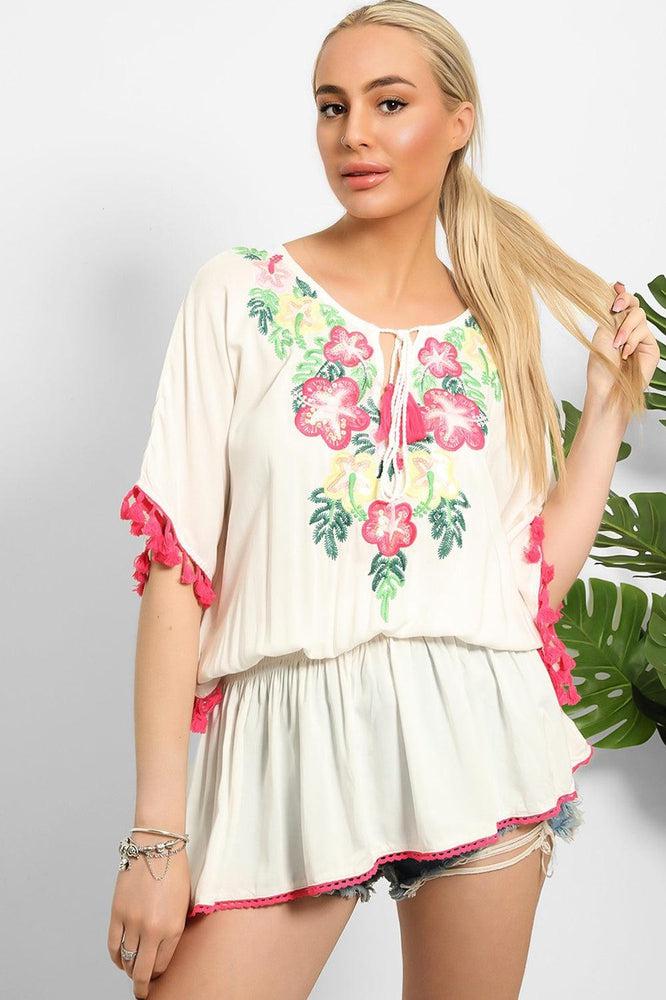 Cream Multicolour Embroidery Summer Tunic-SinglePrice